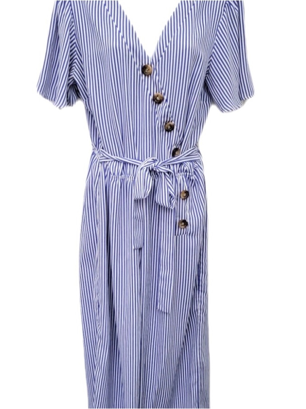 Blue and white vertical pinstripe jumpsuit from the brand NAIF.